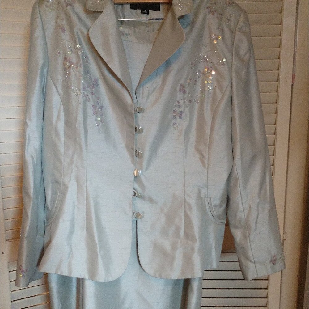Sag harbor 2 pc straight skirt jacket sz 18 light celery green beads & sequins